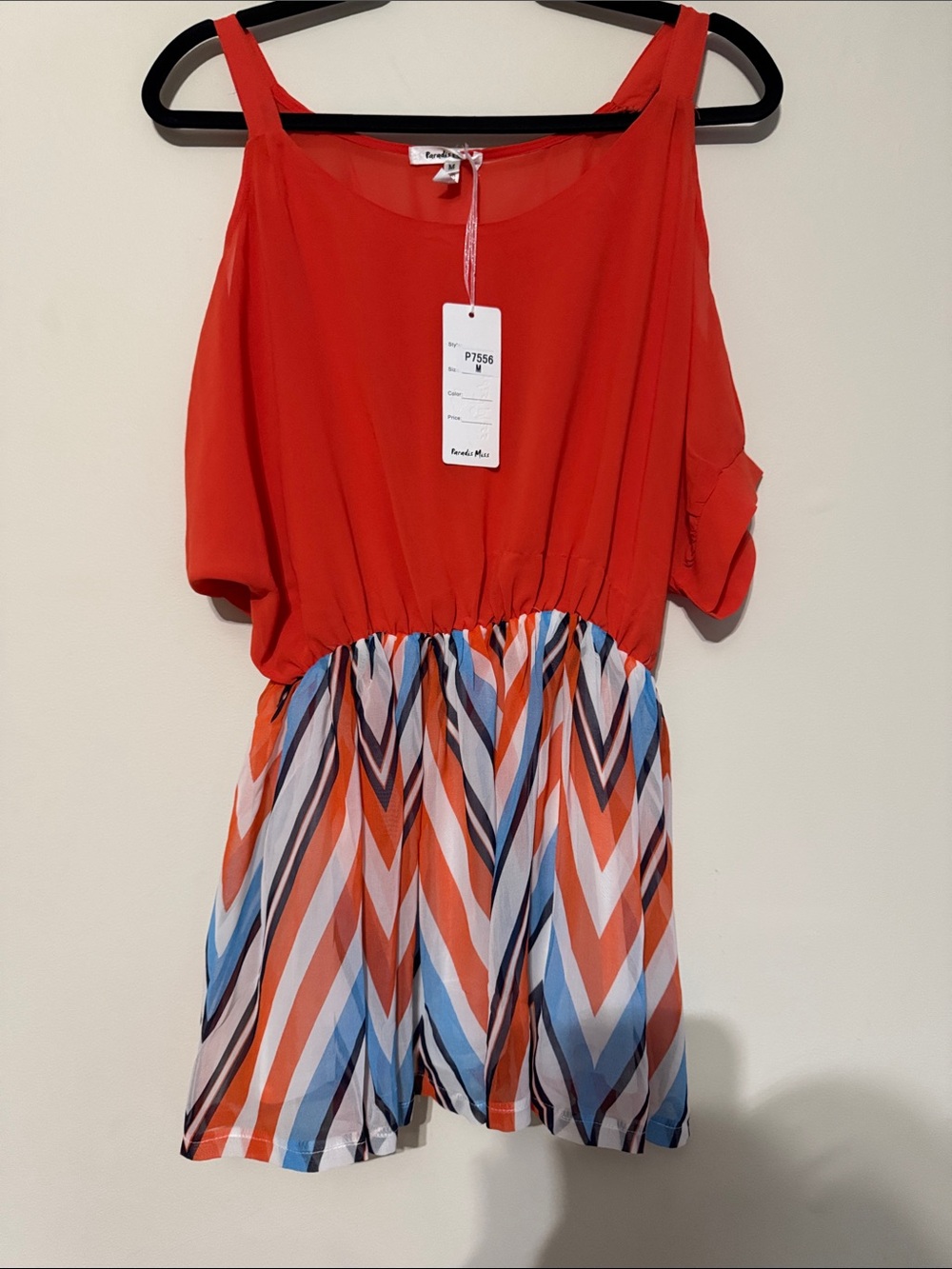 Red Cold-Shoulder Mini Dress with Chevron Skirt